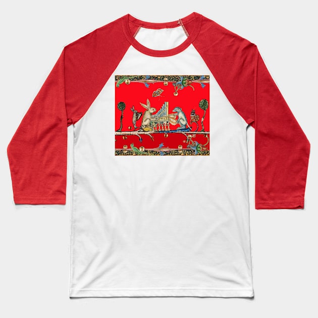 WEIRD MEDIEVAL BESTIARY MAKING MUSIC,White Rabbit And Dog Playing Organ, Harpist Hare, Snail Cat,Red Baseball T-Shirt by BulganLumini